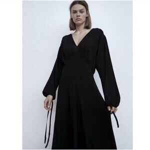 NEW ZARA Maxi Dress Black SMALL Long Tie Sleeve Bishop Style Boho Empire GothVam